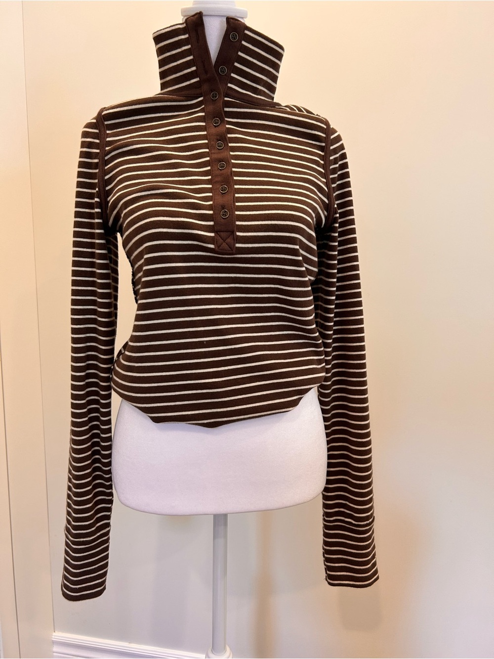 Free People Funnel Neck Ribbed Top High Neck Brown and white Striped Preppy Y2K